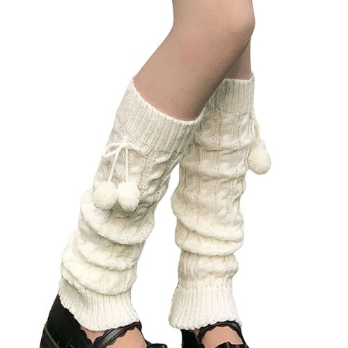 1 Paire De Jambières Tricotées Pompons Suspendus Genou Haute Extensible Doux Résistant Au Froid Couleur Unie Automne Hiver Femmes Bottes Bas Pour Rencontres-Blanc