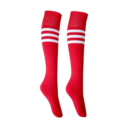 1 Paire De Chaussettes Mi-Longues Rayées Antidérapantes Haute Élasticité Absorption De La Sueur Bas De Pom-Pom Girl De Football Chaussettes De Genou Pour Enfants Chaussettes De Jeu D'école De Sport-L Rouge