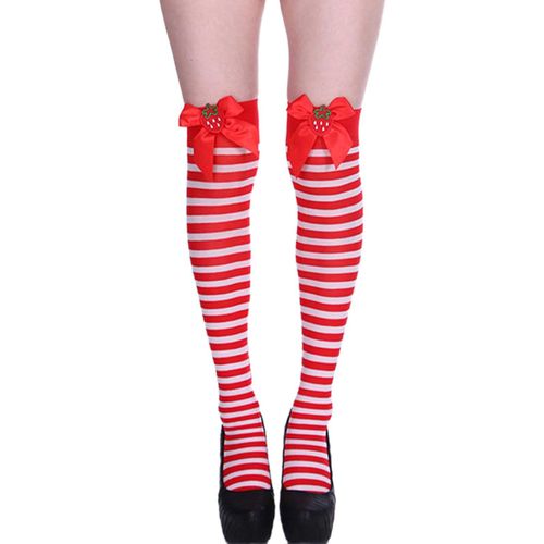1 Paire De Bas De Noël À Rayures Colorées Rétro, Couleur Vive, Décor De N?Ud, Antidérapants, Performances Fines, Cosplay, Mini Robe, Jupe, Paires De Chaussettes Longues-Rouge Et Blanc A