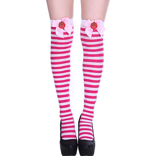 1 Paire De Bas De Noël À Rayures Colorées Rétro, Couleur Vive, Décor De N?Ud, Antidérapants, Performances Fines, Cosplay, Mini Robe, Jupe, Paires De Chaussettes Longues-Rose Rouge Et Blanc A