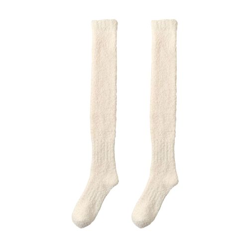 1 Paire De Chaussettes D'hiver Pour Femmes En Peluche Au-Dessus Du Genou, Antidérapantes En Molleton De Corail, Couleur Unie, Bas Chauds Et Épais, Chaussettes Chaudes Pour Diverses Occasions-Beige