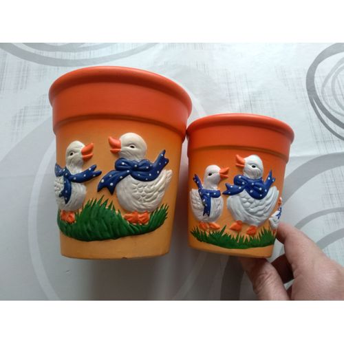 2 Pots De Fleurs Cache Pot Orange Motif Oies