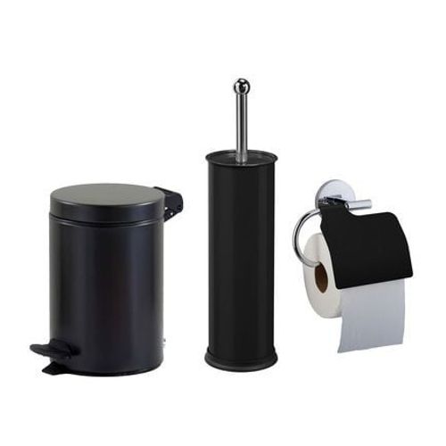 Rossignol - Ensemble salle de bains ou toilettes avec poubelle 3L et accessoires - Noir