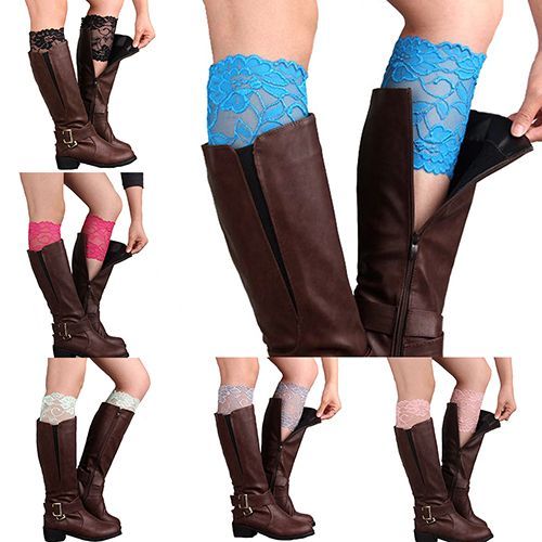 Mode Femmes Filles Stretch Fleur Dentelle Garniture Manchettes De Bottes Jambières Haut Chaussettes-Noir