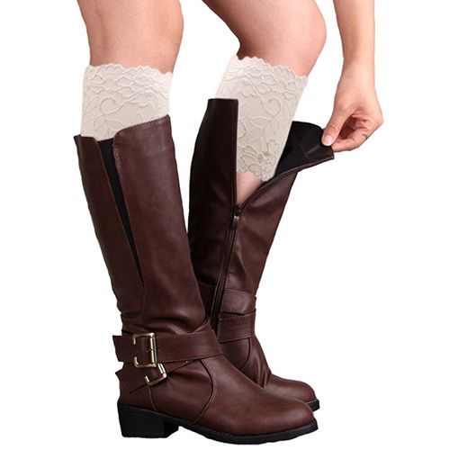 Mode Femmes Filles Stretch Fleur Dentelle Garniture Manchettes De Bottes Jambières Haut Chaussettes-Blanc