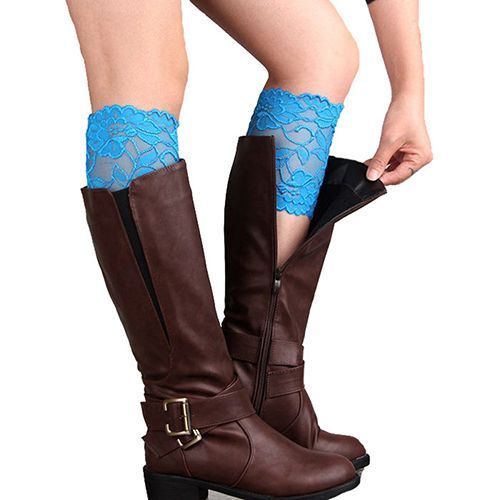 Mode Femmes Filles Stretch Fleur Dentelle Garniture Manchettes De Bottes Jambières Haut Chaussettes-Bleu