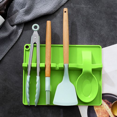 Repose-ustensiles de cuisine en silicone, 6 fentes, grand repose-cuillère et égouttoir pour comptoir de cuisine, support de batterie de cuisine résistant à la chaleur pour dessus de cuisinière-Vert