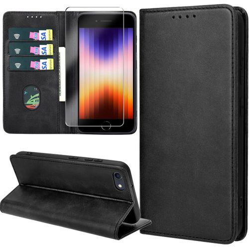 Asas-Coque Pour Iphone Se 2022/ Se 2020/ Iphone 8/ Iphone 7,Housse En Cuir Pu Flip Pochette Portefeuille Étui Avec Emplacement Carte Iphone Se 2022/ Se 2020/8/ 7 Coque Magnétique Antichoc,Noir