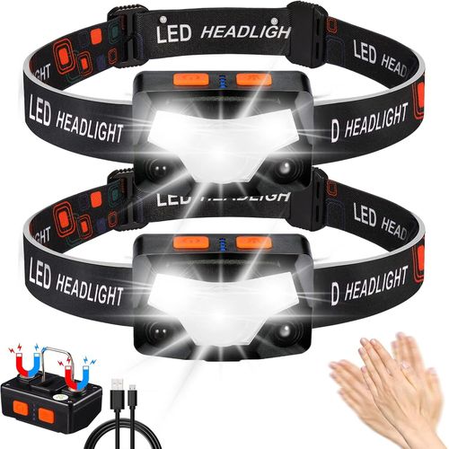 Asas-Lampe Frontale Led Ultra Puissante 2 Pack,2000 Lumens Usb Torche Frontale Rechargeable Avec Capteur De Mouvement,Légère Et Étanche 14 Modes Pour Course,Camping,Pêche