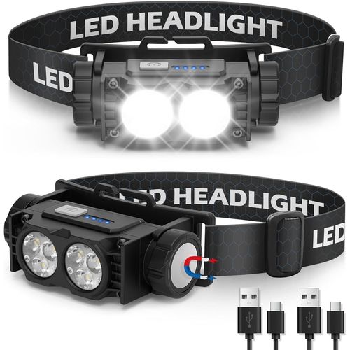 Asas-Lampe Frontale 2 Pièces,Lampe Frontale Led Ultra Puissante 2000 Lumens,Torche Frontale 3 Modes Ipx5 Étanche Rechargeable Usb,Pour Pêche,Camping,Cyclisme,Running(Noir)