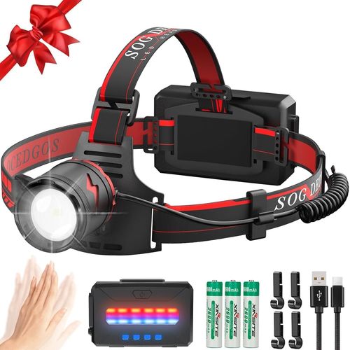 Asas-Lampe Frontale Led Ultra Puissante,3000 Lumens 11 Modes Lampe Frontale,7800mah Lampe Frontale Rechargeable Avec Capteur Et Voyant Rouge,90 ° Réglable Pour Pêche,Camping,Running