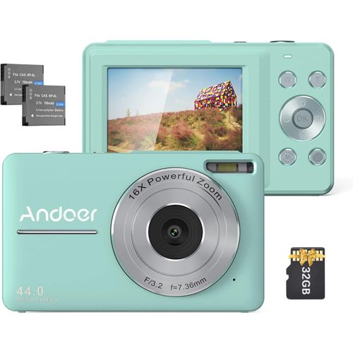asas-Appareil Photo Numérique Avec Carte Sd 32 Go 2 Piles Rechargeables 1080P 44 M Hd 16X Zoom Numérique Anti-Secousses Mise Au Point Automatique Écran Ips 2,5 Pouces Écran Lcd Sourire Pour Enfants