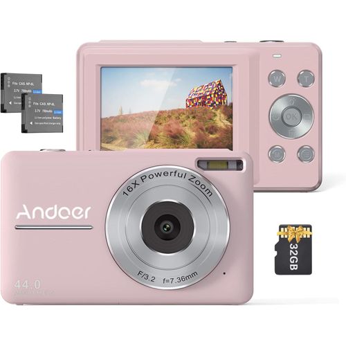 asas-Appareil Photo Numérique Rose Avec 2 Piles Rechargeables 32 Go Carte Mémoire 1080P 44 M Hd Zoom Numérique 16X Anti-Secousses Mise Au Point Automatique 2,5 Ips,Écran Lcd Souriant Pour Enfants