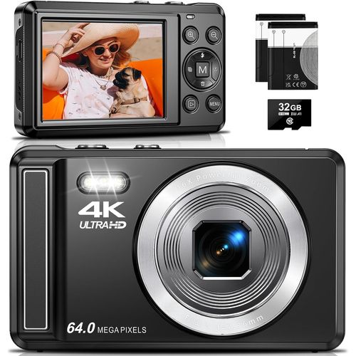 asas-Appareil Photo Numérique 4K,Appareil Photo Compact Uhd 64 Mp 2,8""-Mise Au Point Automatique-Caméra De Vlogging Rechargeable Avec Carte De 32 Go Et 2 Batteries-Caméra De Voyage Portable Avec