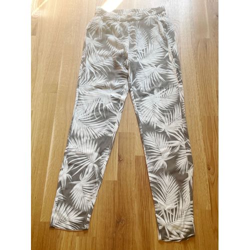 Pantalon Fluide Gigue Imprimé Palmier Gris Foncé & Blanc Viscose Ceinture Élastique 38/40