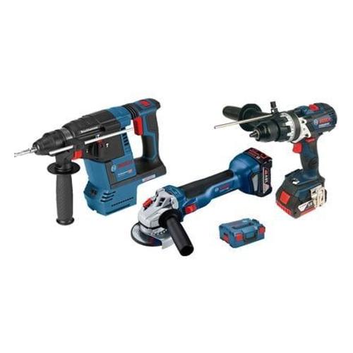 Bosch - Pack de 3 outils 18V (GSR110/GBH26/GWS10) + 2 batteries 5 Ah + chargeur + coffret L-BOXX  - Gris