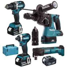 Makita - Pack 4 outils 18V (DDF484 + DTD154 + DHR243 + DTM51) + 3 batteries 5 Ah + chargeur + coffret MAKPAC - DLX4109TJ - Gris
