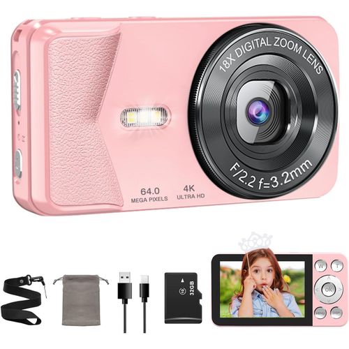 asas-Appareil Photo Numérique 4K 64 Mp Compact Avec Mise Au Point Automatique Et Zoom Numérique 18X,Écran Lcd 2,8"",Flash Led,Caméra Selfie Et Vlogging,Carte Sd 32 Go,Appareil Photo Portable Pour