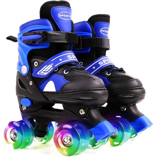 Asas-Patins À Roulettes,Rollers Quad Avec 8 Roues Lumineuses,Patin A Roulette Pour Enfant Fille Garçon,Taille Réglable-Bleu