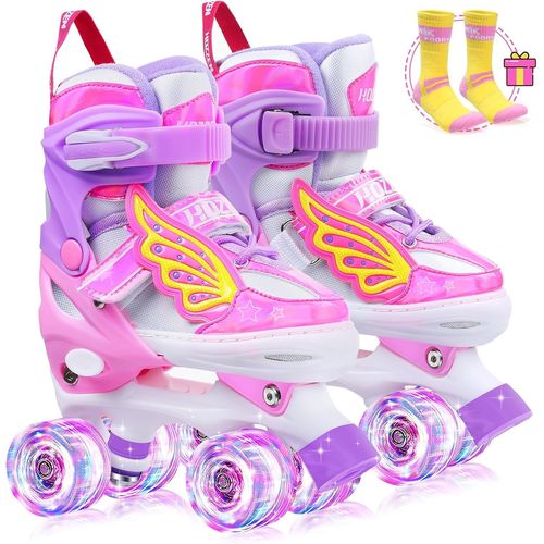 Asas-Roller Enfant Garçon Fille Ajustable-Roller Quad Avec Roues Lumineuses Et Sac De Patin A Roulette,Roller Skates For Kids Ages 6-12,Cadeaux Pour Filles Garçons