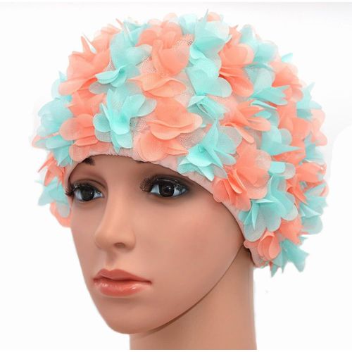 Asas-Bonnet De Bain Vintage En Dentelle Avec Pétales De Fleurs Style Rétro Pour Femme Rose(Bleu Clair Et Orange-Rouge)