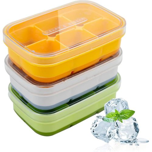 Asas-Lot De 3 Grand Bac A Glacon,Moule À Glaçons Tricolore À 6 Anneaux,Bac À Glaçons Flexible Avec Couvercle Amovible,Pour Boissons,Whisky Et Nourriture Bébé,Glçons Carrés 3.5cm