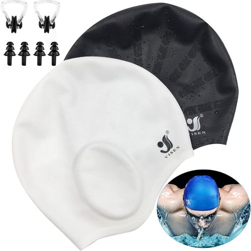 Asas-Lot De 2 Bonnets De Bain Unisexes En Silicone-Pour Cheveux Courts Et Longs-Avec Bouchons D'oreilles Et Pince-Nez-Élastique-Pour Femmes,Hommes,Adultes Et Enfants 
