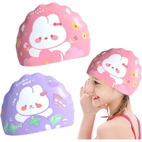 Asas-2 Pièces Bonnet De Bain Enfants Lapin,En Silicone Souple,Extensible Confortable,Bonnet Piscine Souple Pour Enfant Femme Homme Avec De Longues Courbes Et Des Cheveux Bouclés(Rose+Violet)