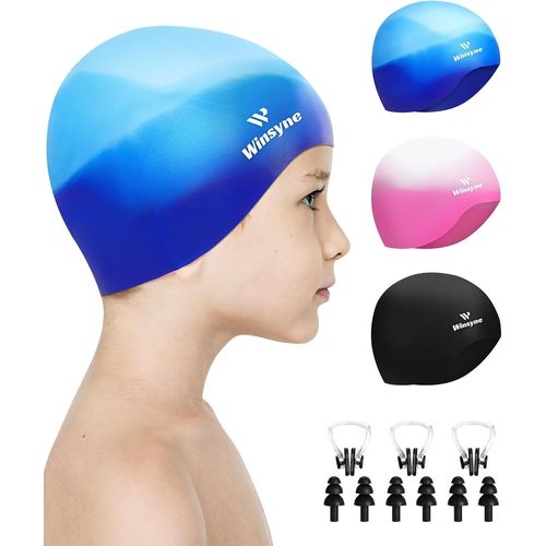 Asas-Lot De 3 Bonnets De Bain Unisexes En Silicone Pour Enfants De 3 À 15 Ans,Bonnet De Bain Imperméable Pour Cheveux Courts/Longs Pour Garder Les Cheveux Secs 