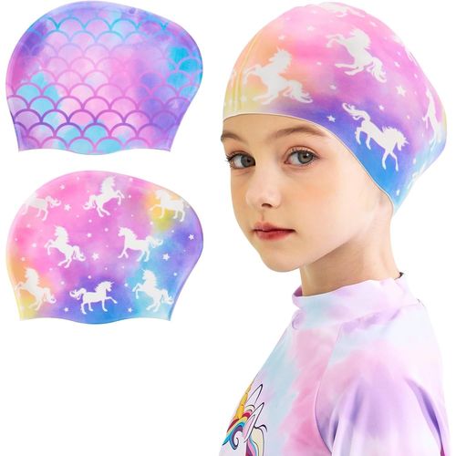 Asas-Lot De 2 Bonnets De Bain Pour Enfants Bonnets De Bain En Silicone Pour Filles Bonnets De Bain Imperméables 