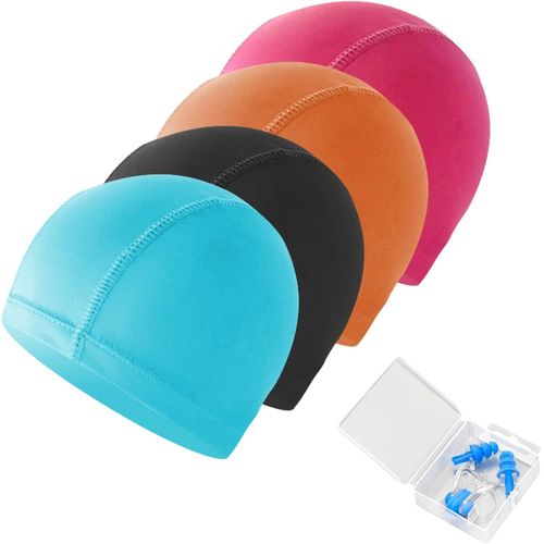 Asas-Lot De 4 Bonnets De Bain,Livrés Avec Pince-Nez Et Bouchons D'oreille,Bonnets De Bain Élastiques En Tissu Confortable,Bonnet De Bain Léger,Bonnet De Bain Coloré Pour Homme Et Femme Pendant 