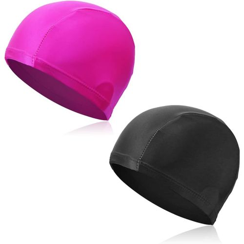 Asas-Lot De 2 Bonnets De Bain,Bonnets De Bain En Tissu Polyester Extensible,Bonnets De Bain Doux Pour Homme Et Femme(Noir Et Rose Rouge) 