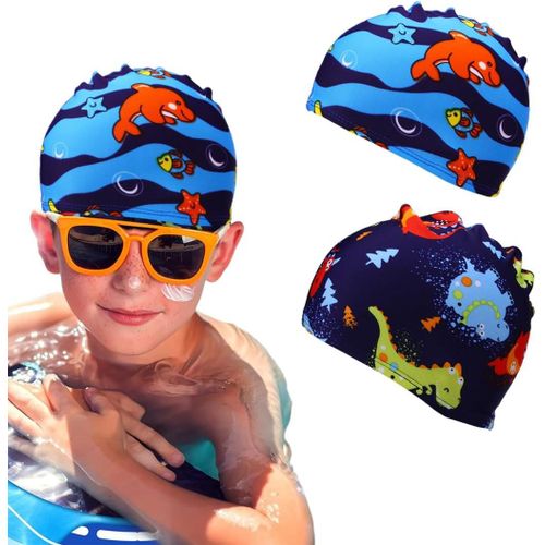 Asas-Bonnets De Bain,Lot De 2 Bonnets De Bain Pour Enfants,Bonnets De Bain En Tissu Pour Enfants,Bonnets De Bain Pour Garçons,Bonnets De Bain Pour Garçons De 2 À 8 Ans 