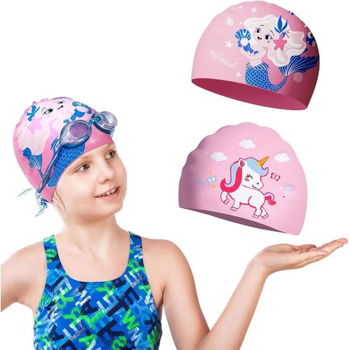 Asas-Lot De 2 Bonnets De Bain Pour Fille Avec Motif Licorne Et Sirène Et Bonnet De Bain Pour Enfant En Silicone Imperméable,Convient À Tous Les Types De Cheveux,Facile À Enfiler 