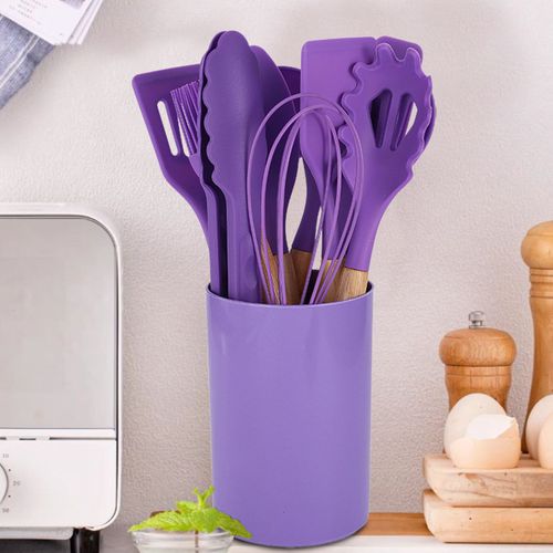 Ensemble D'ustensiles De Cuisine En Silicone Avec Manche En Bois, Outils De Cuisine Résistants À La Chaleur, Ustensiles De Cuisine Antiadhésifs Sûrs Pour La Maison Et Le Restaurant-1 Ensemble Violet