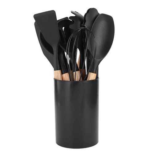 Ensemble D'ustensiles De Cuisine En Silicone Avec Manche En Bois, Outils De Cuisine Résistants À La Chaleur, Ustensiles De Cuisine Antiadhésifs Sûrs Pour La Maison Et Le Restaurant-1 Ensemble Noir