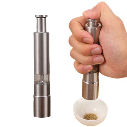 Moulin à sel et à poivre en acier inoxydable, broyeur à pouce rechargeable avec bouton de pompe à une touche pour poivre noir, sel de mer, épices