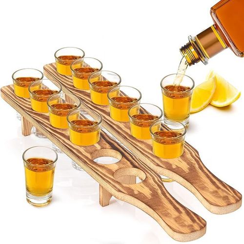 Support à verres à vin 6 petits verres à vin Porte-vin en bois Plateau de service pour whisky Vodka Tequila Bonne aide pour les fêtes Maison Bar Restaurant Mariage