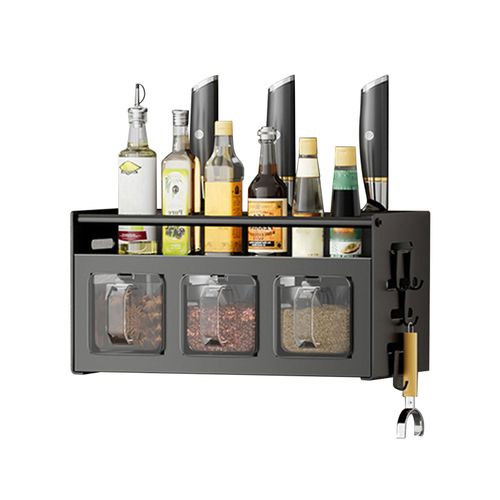Étagère à épices murale en acier inoxydable avec style tiroir, sans perçage, étagère de cuisine suspendue, organisateur de stockage d'épices avec pots, crochets, porte-serviettes, étagère à épices multifonctionnelle pour diverses surfaces murales-B
