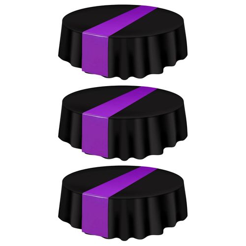 3 pièces nappe en plastique jetable 84 pouces couverture de table imperméable et résistante aux taches nappes de salle à manger rondes pour les fêtes événements Noël remise des diplômes décoration de mariage-Noir et violet