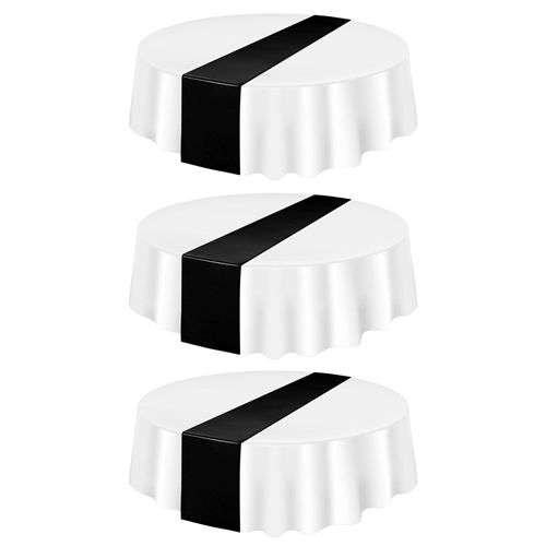 3 pièces nappe en plastique jetable 84 pouces couverture de table imperméable et résistante aux taches nappes de salle à manger rondes pour les fêtes événements Noël remise des diplômes décoration de mariage-Blanc Noir