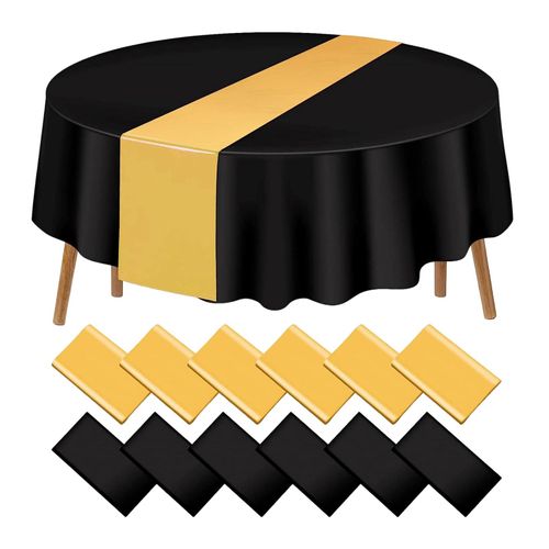 3 pièces nappe en plastique jetable 84 pouces couverture de table imperméable et résistante aux taches nappes de salle à manger rondes pour les fêtes événements Noël remise des diplômes décoration de mariage-Noir et Or