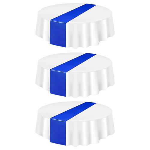 3 pièces nappe en plastique jetable 84 pouces couverture de table imperméable et résistante aux taches nappes de salle à manger rondes pour les fêtes événements Noël remise des diplômes décoration de mariage-Blanc Bleu