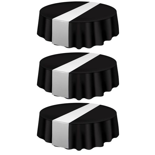 3 pièces nappe en plastique jetable 84 pouces couverture de table imperméable et résistante aux taches nappes de salle à manger rondes pour les fêtes événements Noël remise des diplômes décoration de mariage-Noir et argent