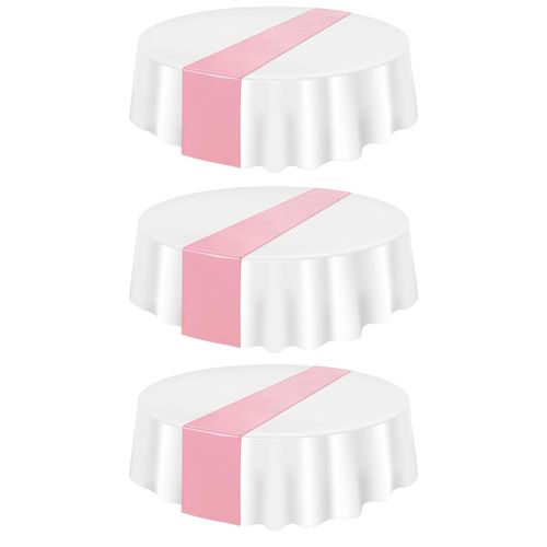 3 pièces nappe en plastique jetable 84 pouces couverture de table imperméable et résistante aux taches nappes de salle à manger rondes pour les fêtes événements Noël remise des diplômes décoration de mariage-Blanc Rose