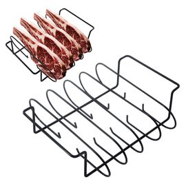 Support à nervures en acier inoxydable, 2 pièces, antiadhésif pour griller, support de barbecue, fumée, 4 côtes, accessoire de gril vertical robuste pour une cuisson uniforme
