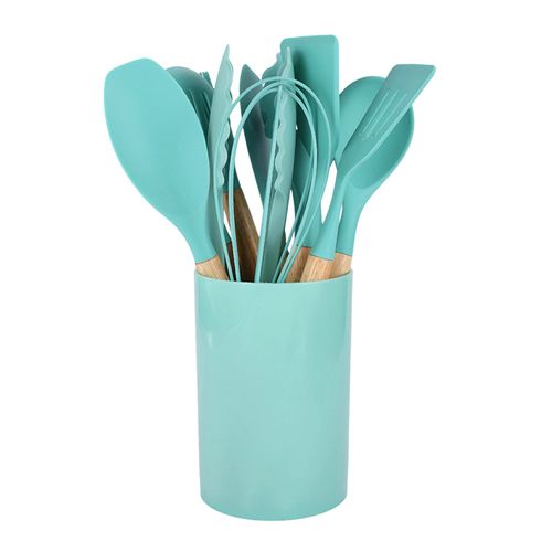 12 Pièces Ensemble D'ustensiles De Cuisine En Silicone Turner Spatule Cuillère Antiadhésive Résistant À La Chaleur Ustensiles De Cuisine Avec Poignées En Bois Seau De Rangement Pour Tous Les Types D'ustensiles De Cuisine-Vert