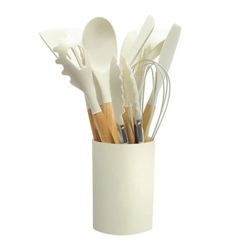 12 Pièces Ensemble D'ustensiles De Cuisine En Silicone Turner Spatule Cuillère Antiadhésive Résistant À La Chaleur Ustensiles De Cuisine Avec Poignées En Bois Seau De Rangement Pour Tous Les Types D'ustensiles De Cuisine-Blanc