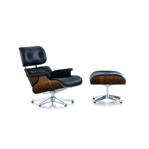 Vitra - Lounge Chair & Ottoman - Poli - Cuir Premium F Nero - Noyer - Pigment Noir - Dimensions Classiques - 84 Cm - Marron