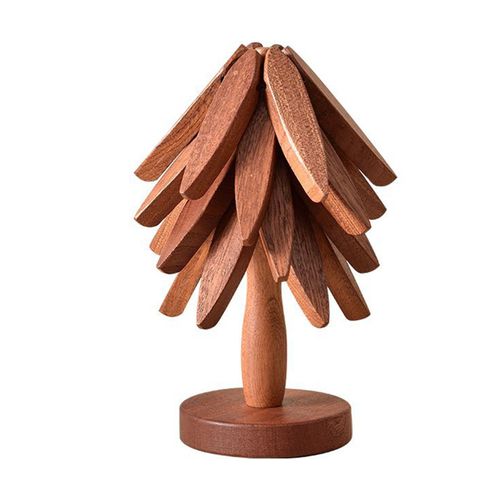 Dessous De Plat En Bois Pour Plats Chauds En Forme D'arbre, Dessous De Verre À Texture Spéciale, 4 Tapis Triangulaires + 1 Support, Protections De Table De Cuisine Multifonctions Pour Tasses, Bols, Assiettes, Théières, Poêles À Frire-Ensembles En Ébène